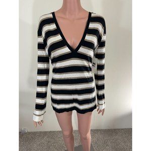 NWT Minnie Rose Silk Cashmere Deep Stripe Sweater Black White Latte Size S